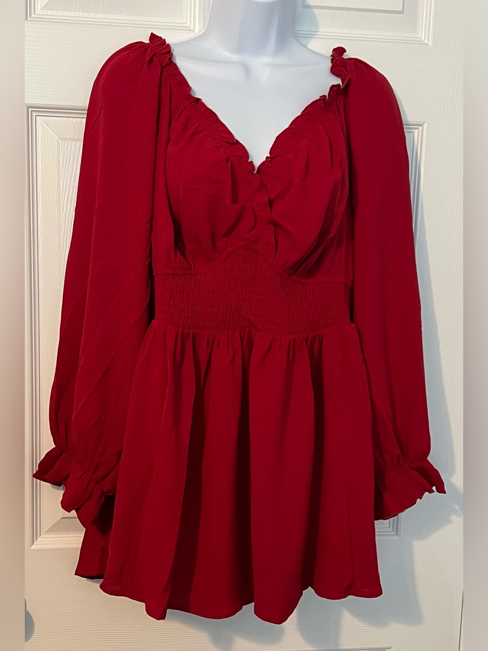 Women’s Red Long-Sleeve Smocked Waist Tunic